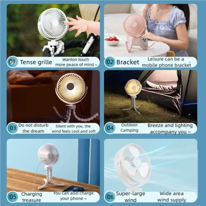 3-Speed Stroller Fan with LED Light Phone Holder – Portable USB Rechargeable Mini Fan for Baby, Newborn, Travel - Image 6