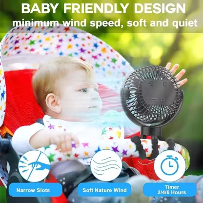 3-Speed Stroller Fan with LED Light Phone Holder – Portable USB Rechargeable Mini Fan for Baby, Newborn, Travel - Image 3